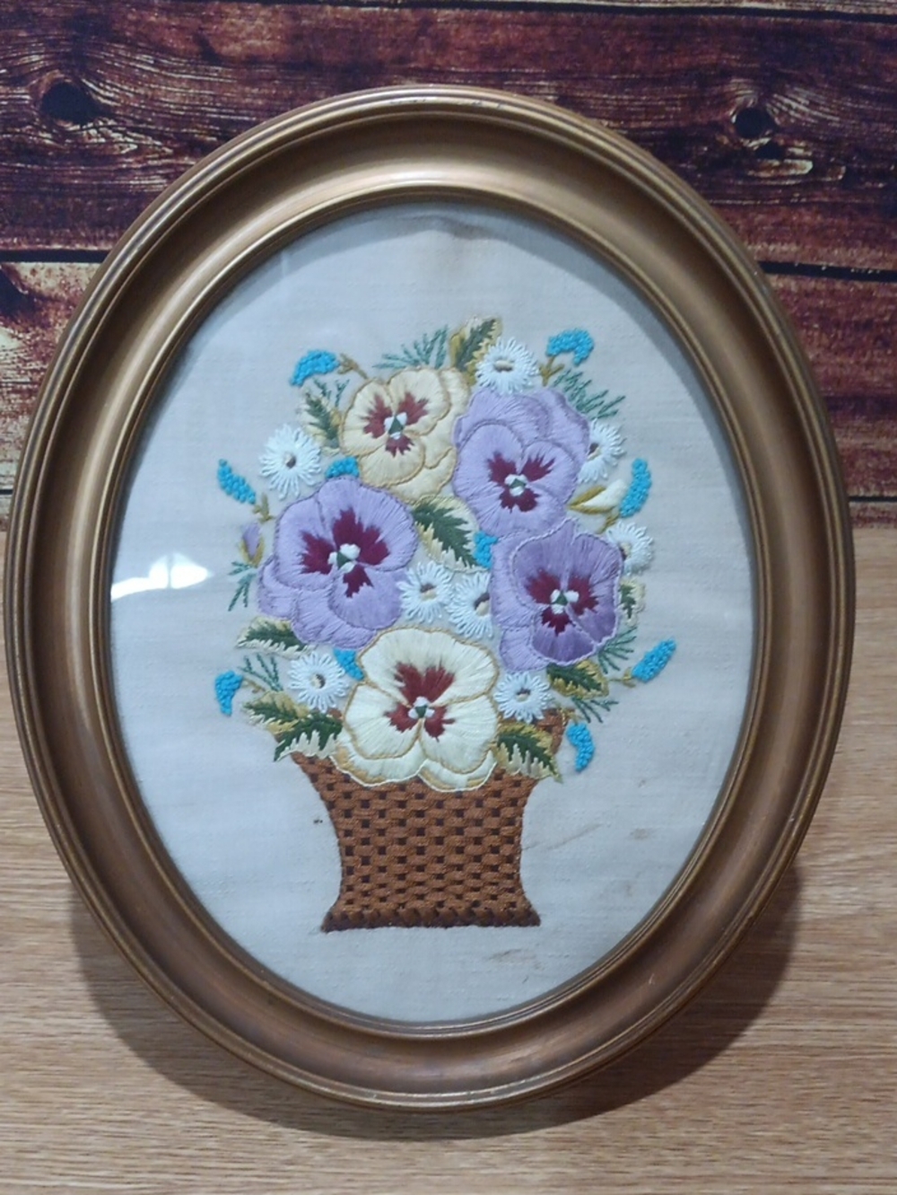 Vintage Completed Framed Floral Embroidery Wall Art - Purple and Cream Pansies